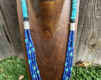 Sterling Silver Multi Strand Stone Lapis Turquoise Bead Necklace. 28 inch