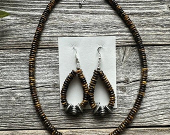 Sterling Silver Tigers Eye Bead Necklace W Earrings Set. Gift 18 Inch
