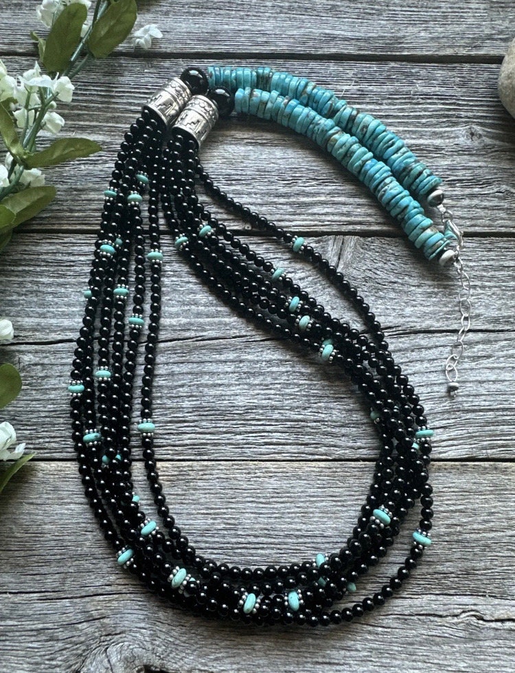 Sterling Silver Multi Strand Black Onyx with Turquoise Bead Necklace. 30 Inch Sterling Silver Multi Strand Black Onyx with Turquoise Bead Necklace. 30 Inch