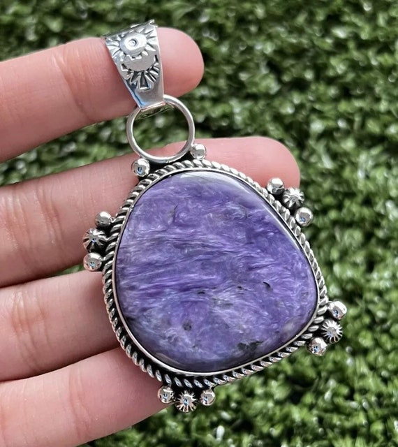 Purple Charoite Pendant Necklace, Includes Rope Chain Sterling Silver Purple Charoite Pendant Necklace, Includes Rope Chain Sterling Silver