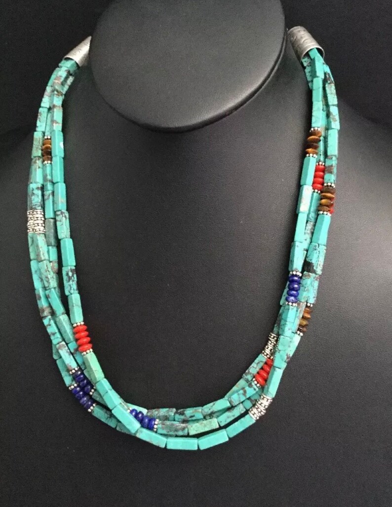 Stunning ! Navajo sterling silver 3 strand Turquoise bead necklace 23 inch