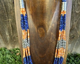 Sterling Silver Multi Strand Stone Lapis Spiny Oyster Bead Necklace. 24 inch