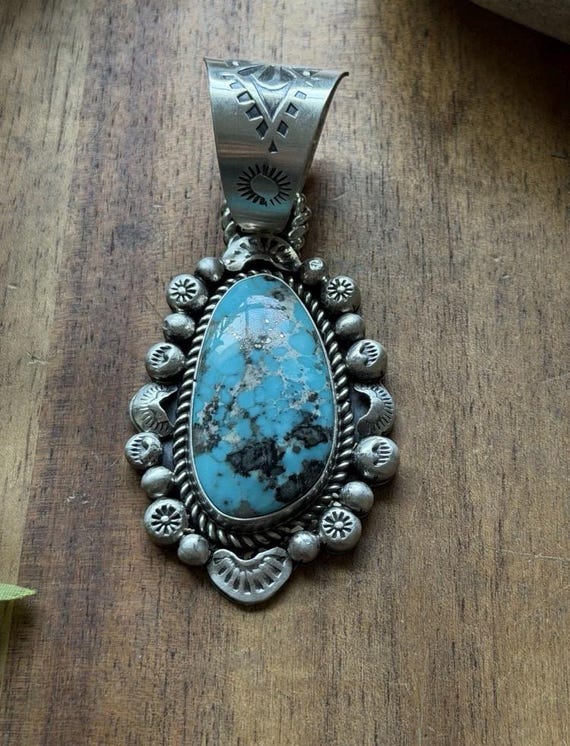Navajo Native American Sterling Silver Blue Turquoise Pendant R