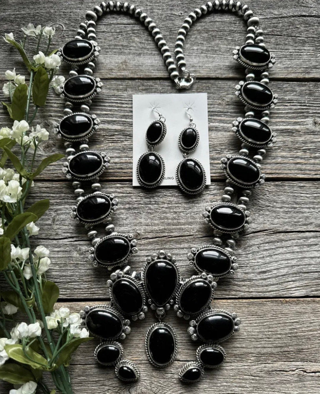 Navajo Sterling Silver Black Onyx Squash Blossom Necklace W Etsy