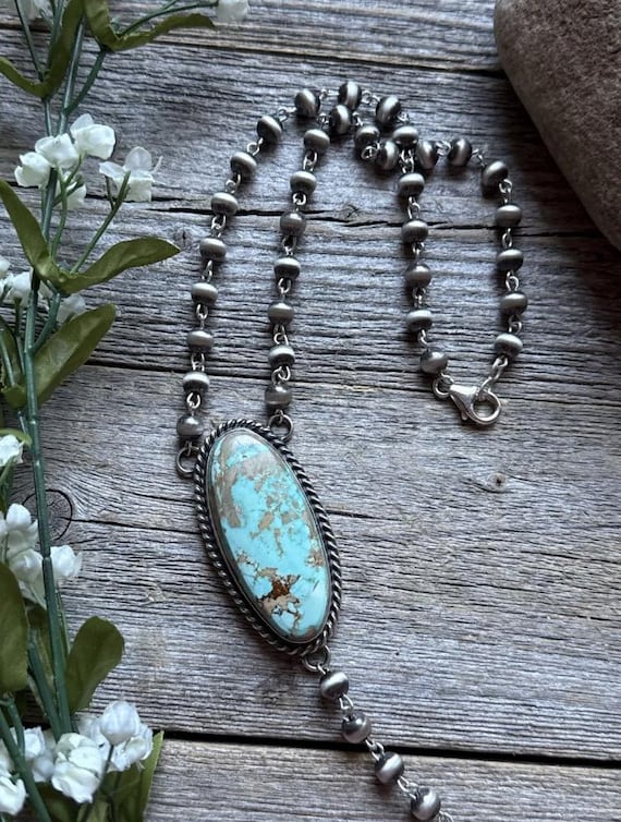 Navajo 925 Sterling Silver Royston Turquoise Pendant Rosary