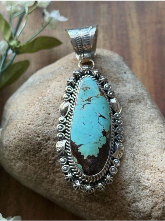 Navajo Sterling Silver Blue Turquoise Handmade Pendant K Yazzie