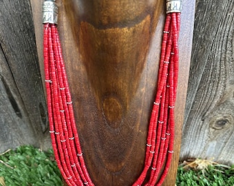 Sterling Silver Multi Strand Red Coral Bead Necklace 24 Inch