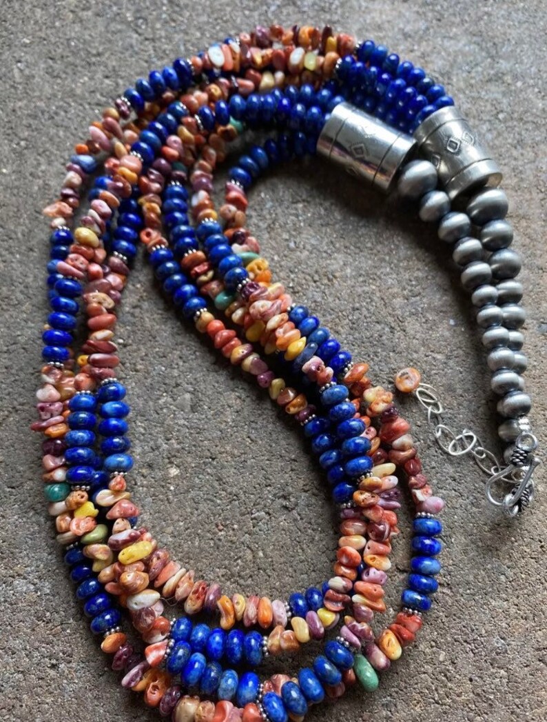Sterling Silver & Spiny Oyster Choker with Lapis – Summer Necklace