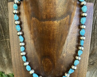 Sleeping Beauty Turquoise Sterling Silver Nuggets Pearls Bead Necklace. 18 inch