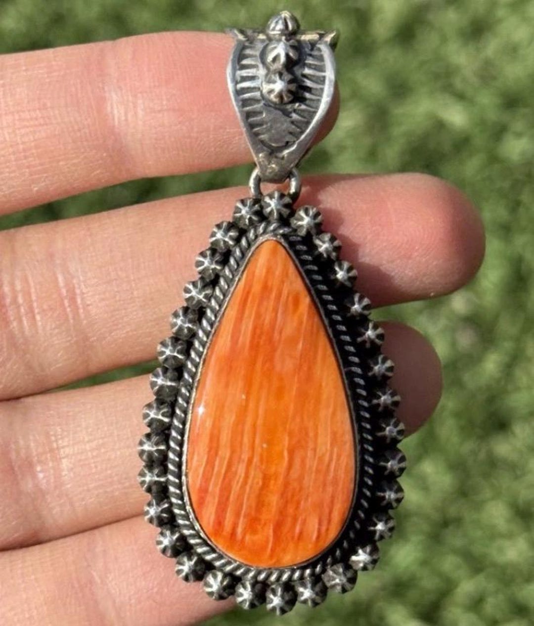 Native American Sterling Silver Orange Spiny Oyster Pendant H