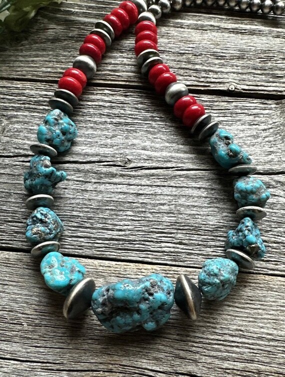 Sterling Silver Graduated Blue Turquoise Nuggets Red Coral
