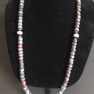 Vintage Sterling Silver  Turquoise Coral  Bead Necklace