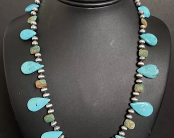 Sterling Silver Blue Green Turquoise W Navajo Pearls Bead Necklace. 20 inch
