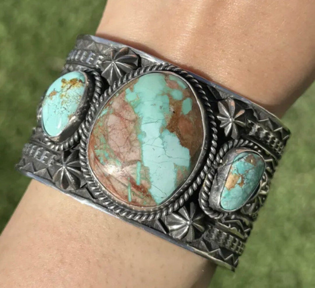•TURQUOISE - STORM• Navajo silver cuff bracelet (7.25