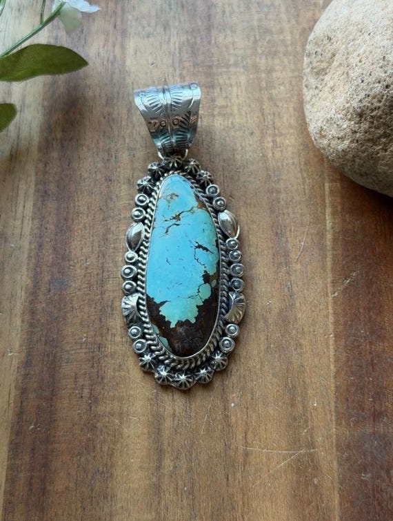 Navajo Sterling Silver Blue Turquoise Handmade Pendant K Yazzie