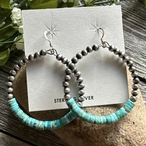 Sterling Silver Heishi Turquoise Oxidized Pearls Bead Hoop Earrings. 2.4 Inch