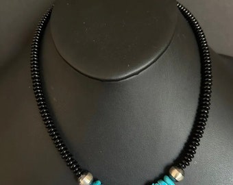 Mens Sterling Silver Black Onyx Turquoise Bead Necklace. 18 Inch