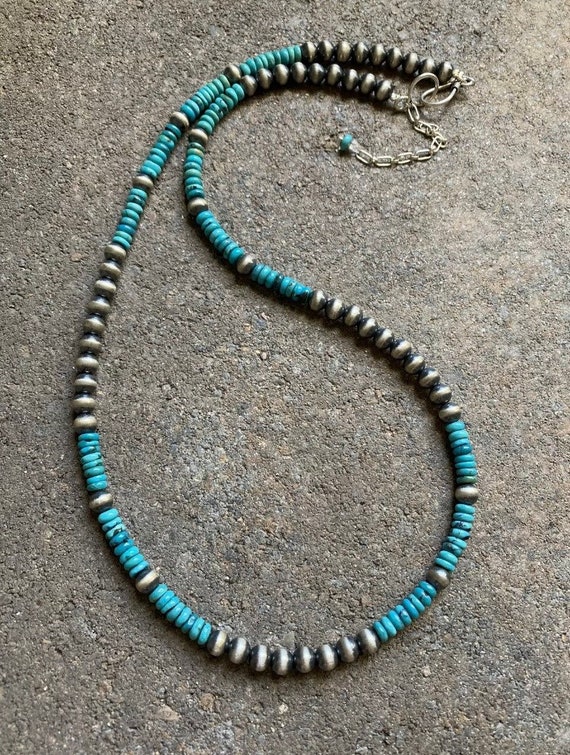 Sterling Silver Turquoise W Navajo Pearls Bead Necklace. 22 Inch