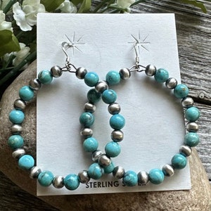 Sterling Silver Turquoise Oxidized Pearls Bead Hoop Earrings. 2.4 Inch