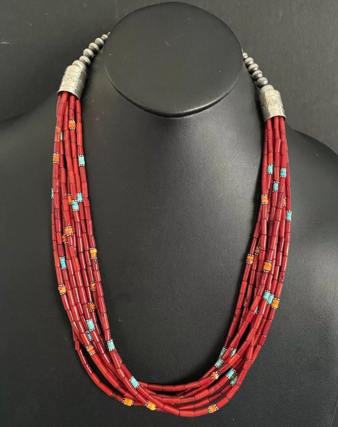Navajo Turquoise Red Coral Sterling Cardinals Necklace 16.25