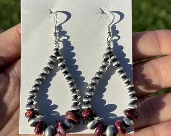 Sterling Silver Purple Spiny Oyster W Pearls Bead Loop Earrings.