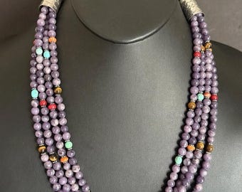 Sterling Silver Multi Strand Stone Purple Pearls Bead Necklace. 24