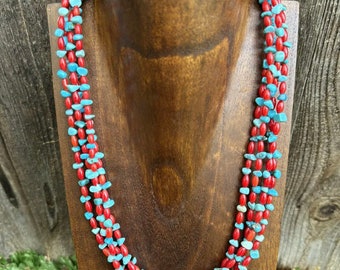 Sterling Silver Multi Strand Coral Turquoise Bead Necklace 22 Inch