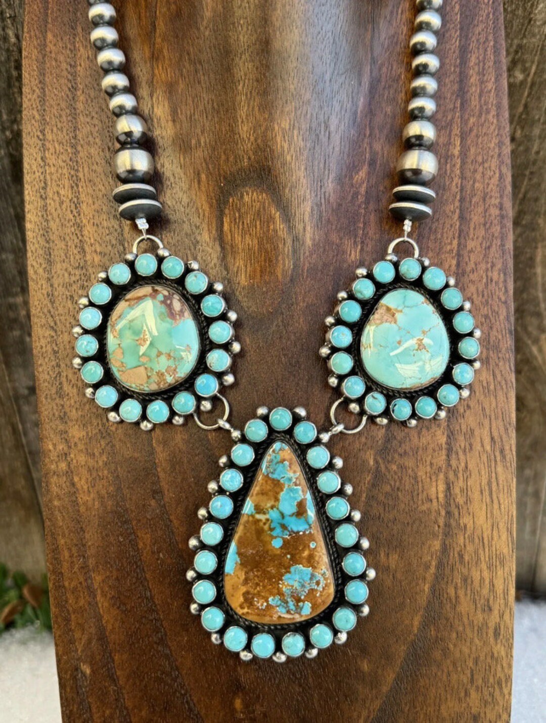 Vintage Navajo Silver and Turquoise Cluster Pendant Necklace