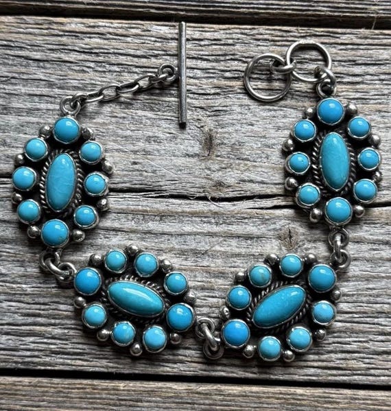 Navajo Native Sterling Silver Turquoise Cluster Chain Bracelet La