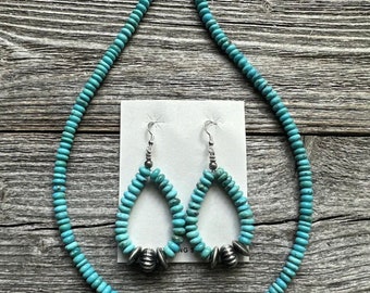 Sterling Silver Blue Turquoise Bead Necklace W Earrings Set. Gift 18 Inch
