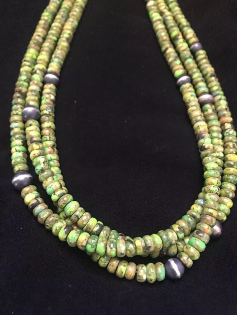 Sterling Silver 3 Strand Green Turquoise Bead Necklace 20 Inch Etsy