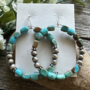 Sterling Silver Blue Green Turquoise Oxidized Pearls Bead Hoop Earrings 2.6 Inch