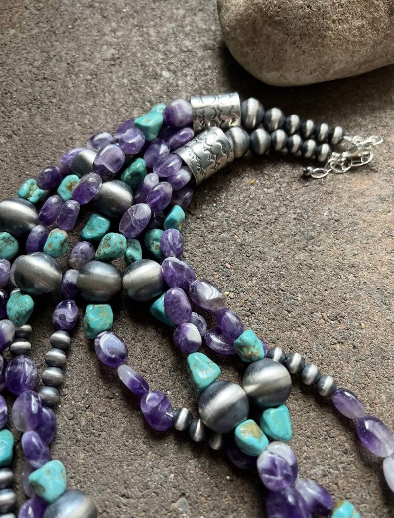 Sterling Silver Multi Strand Amethyst Turquoise W Pearls Bead Necklace ...