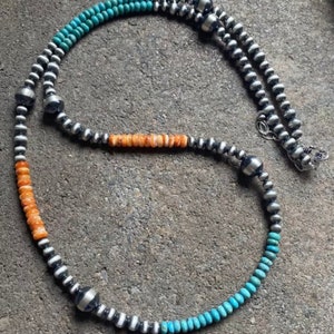 Sterling Silver Turquoise Spiny Oyster W Navajo Pearls Bead Necklace. 30 inch