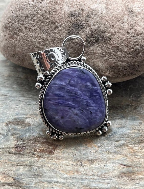 Purple Charoite Pendant Necklace, Includes Rope Chain Sterling Silver Purple Charoite Pendant Necklace, Includes Rope Chain Sterling Silver