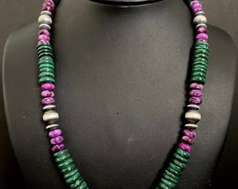 Sterling Silver Green Malachite Sugilite Bead Necklace. 20 inch