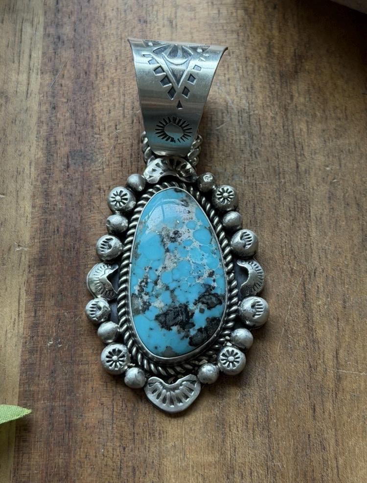 Navajo Native American Sterling Silver Blue Turquoise Pendant R