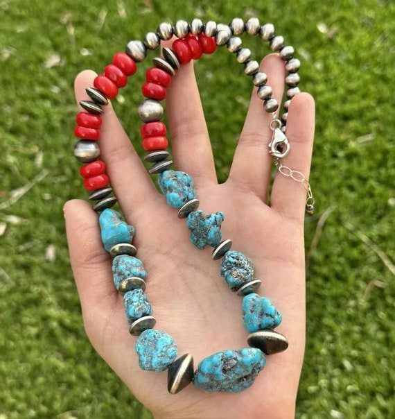 Sterling Silver Graduated Blue Turquoise Nuggets Red Coral Bead