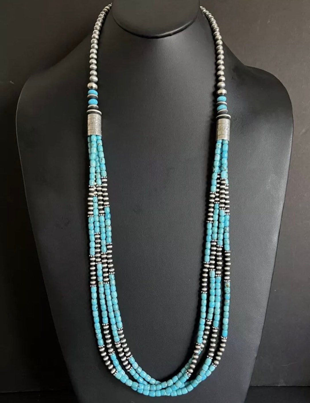 Sterling Silver Multi Strand Blue Turquoise W Pearls Bead Necklace. 38 ...