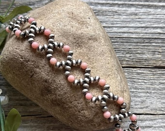 Floral Sterling Silver Pink Conch Pearls Bead Bracelet. 6.5 Inch