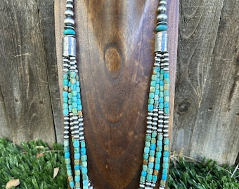 Sterling Silver Multi Strand Blue Green Turquoise Pearls Bead Necklace. 30 inch