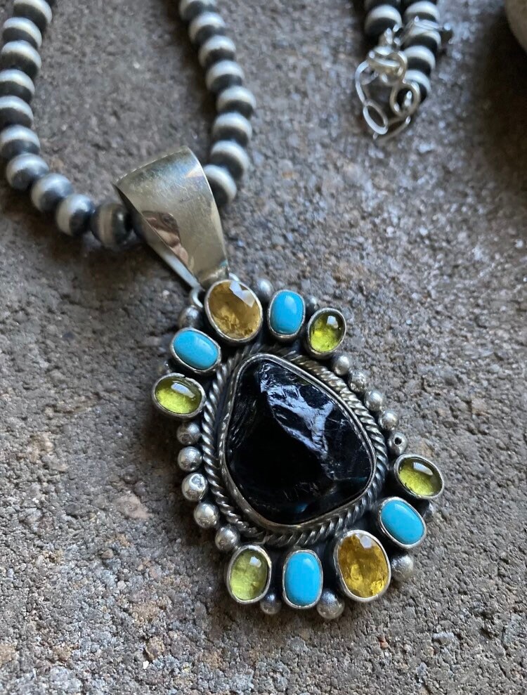 Item #1006F- Extra Large Navajo Multi Stone Cluster Flower Sterling Silver  Beaded Necklace by EM Teller —Native American Jewelry - Multi Stone  Necklaces