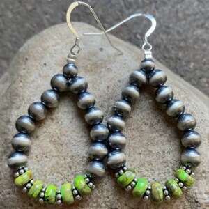 Sterling Silver Green Turquoise W Pearls Bead Loop Earrings.