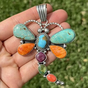 Navajo Sterling Silver Multi Stone Turquoise Dragonfly Pendant