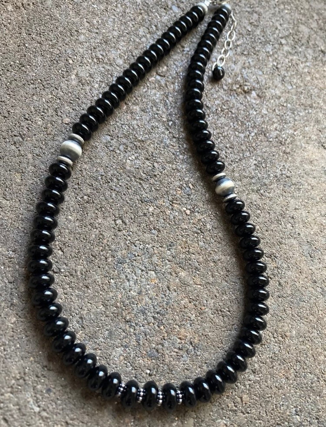Sterling Silver Black Onyx W Pearls Bead Necklace. 17 Inch