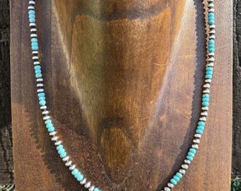 Southwestern Sterling Silver Turquoise 4mm Pearls Bead Necklace. 18 Inch. Gift