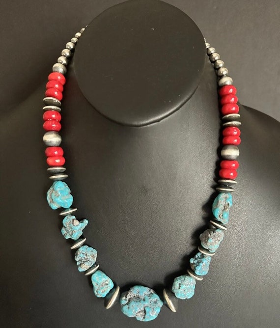 thumbnail image 2 of Natural AAA Turquoise & Red Coral Gemstone Necklace – 12mm Heart & 6mm Beads, 20", Handmade 2 of 5
