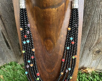 Sterling Silver Multi Strand Black Onyx Multi Stone Bead Necklace. 24 Inch