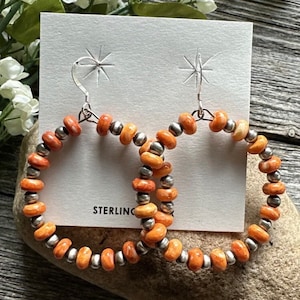 Sterling Silver Orange Spiny Oyster Oxidized Pearls Bead Hoop Earrings. 2.4 Inch