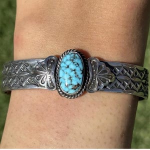 Sunshine Reeves Turquoise Sterling Silver Stacker Stamped Cuff Bracelet. Navajo